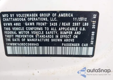 2013 Volkswagen Passat 2.0L Tdi Se from USA, damaged, VIN 1VWBN7A35DC069943
